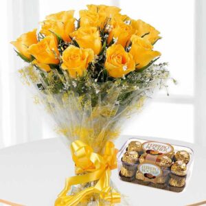 12 Yellow Roses Bunch, 16 Ferrrero Rocher chocolate